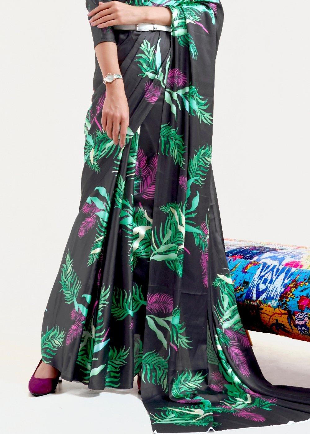 Ebony Black Digital Printed Satin Crepe Saree | Stitched Blouse - qivii