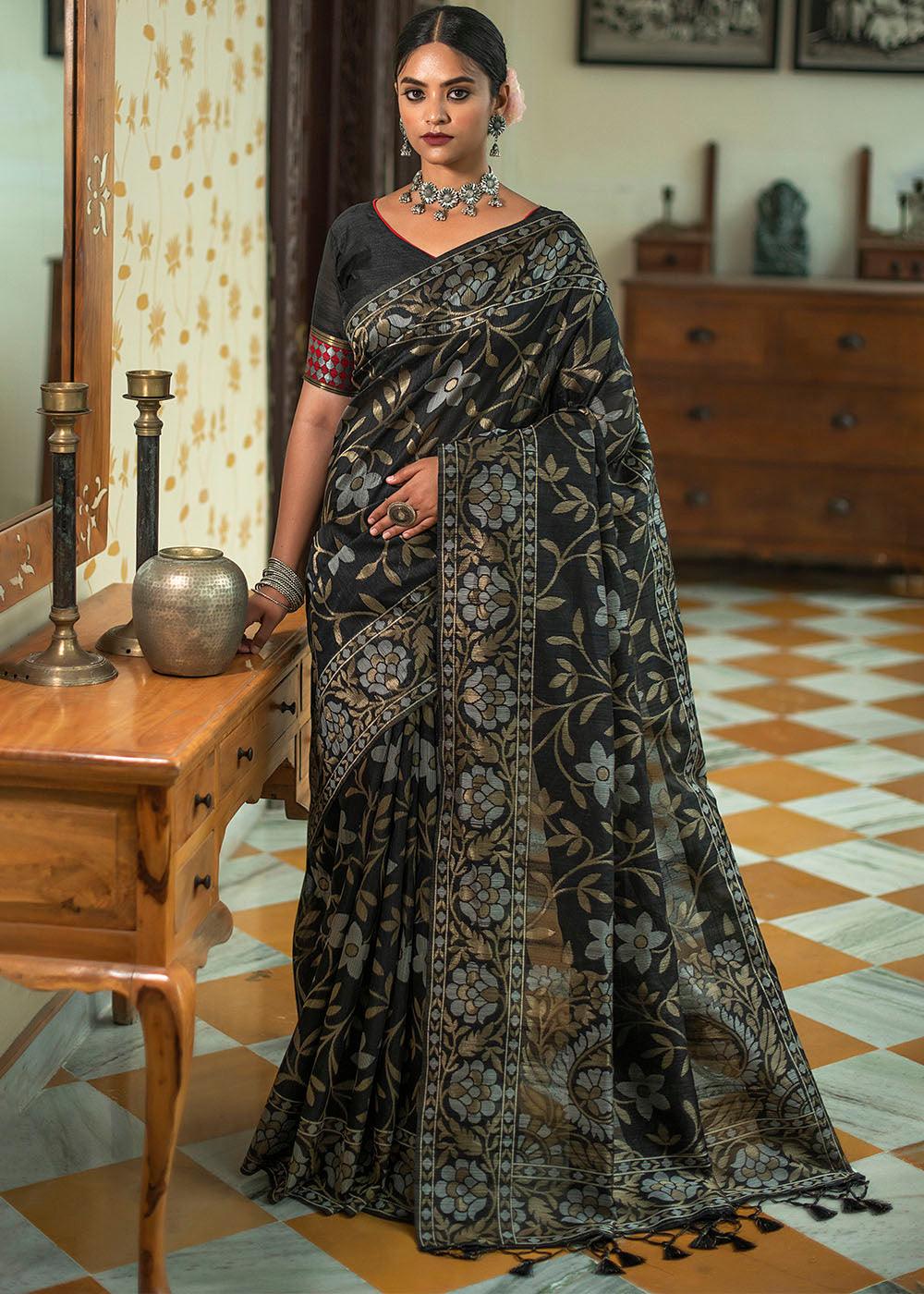 Ebony Black Zari Woven Floral Tussar Silk Saree | Stitched Blouse - qivii