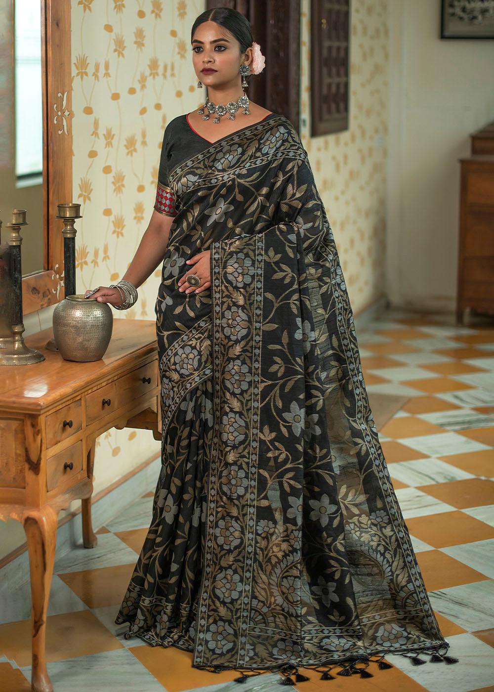 Ebony Black Zari Woven Floral Tussar Silk Saree | Stitched Blouse - qivii