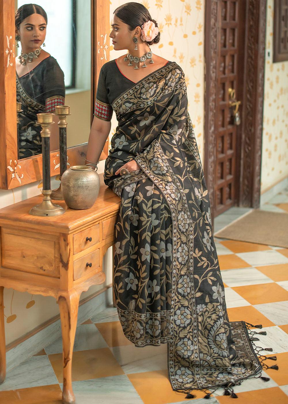 Ebony Black Zari Woven Floral Tussar Silk Saree | Stitched Blouse - qivii