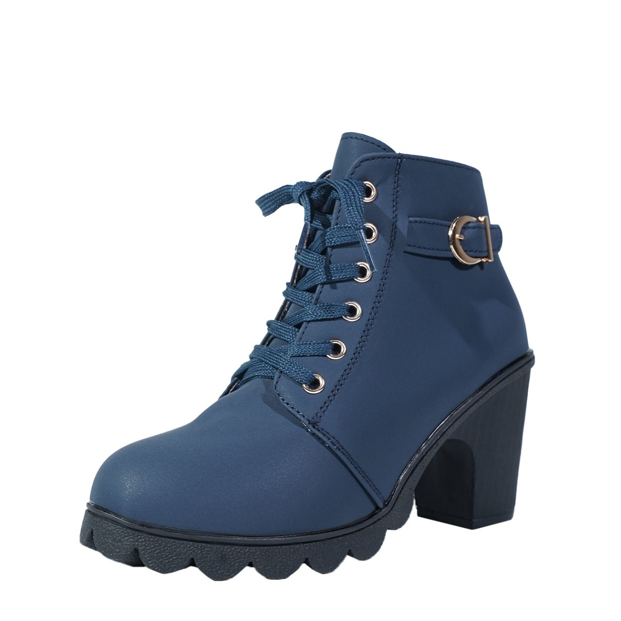 Women's Buckle Decorated Chunky Heel Ankle Boots - Side Zipper & Lace-Up Round Toe Mid-Calf Equestrian Boots (US 4-10)