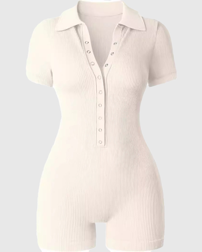 Ribbed Polo Collar Half Snap Front Short Sleeve Bodycon Romper  - By Qivii