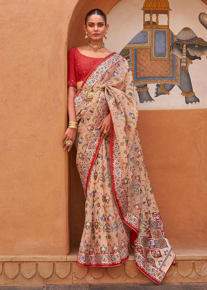 Ecru Brown Patola Printed Tissue Silk Saree with Designer Blouse | Stitched Blouse - qivii