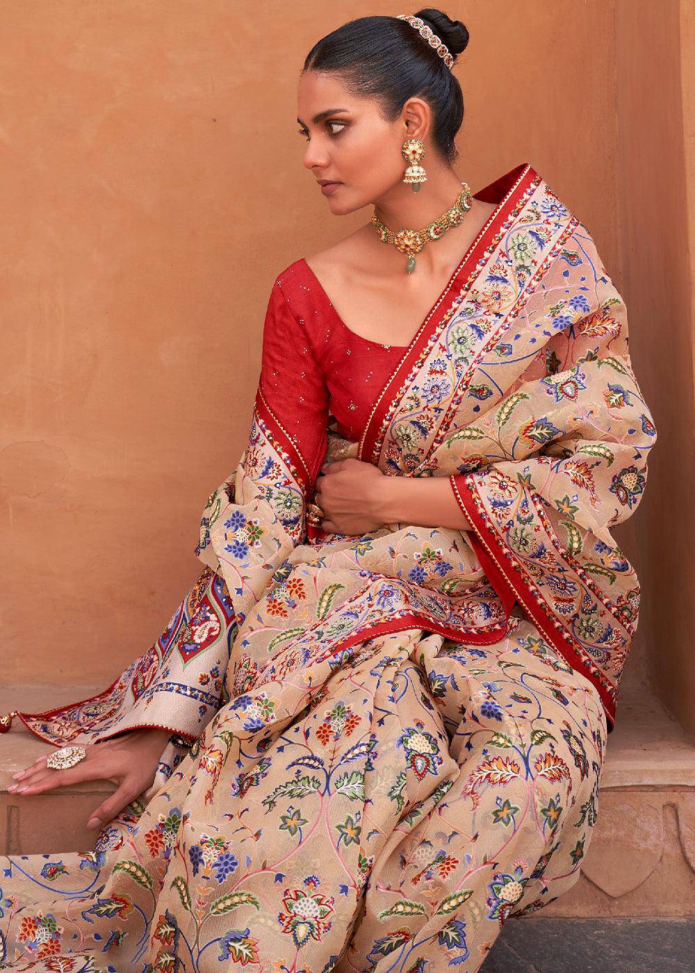 Ecru Brown Patola Printed Tissue Silk Saree with Designer Blouse | Stitched Blouse - qivii