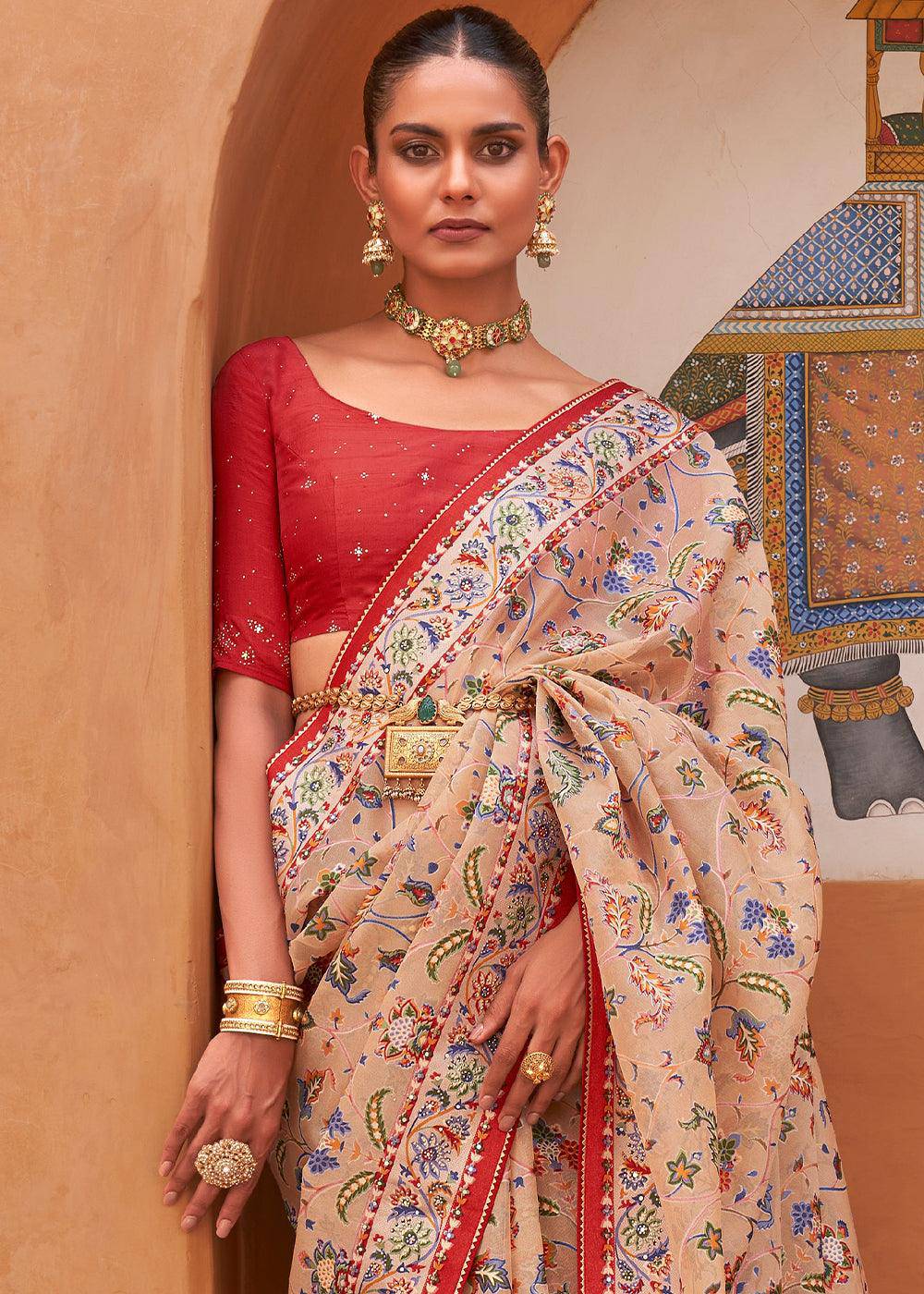 Ecru Brown Patola Printed Tissue Silk Saree with Designer Blouse | Stitched Blouse - qivii