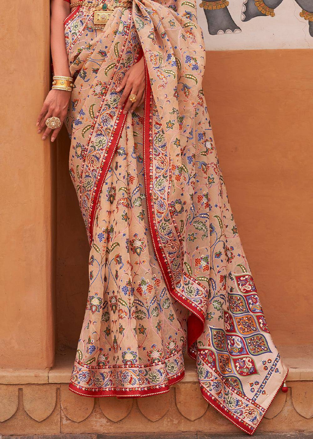 Ecru Brown Patola Printed Tissue Silk Saree with Designer Blouse | Stitched Blouse - qivii