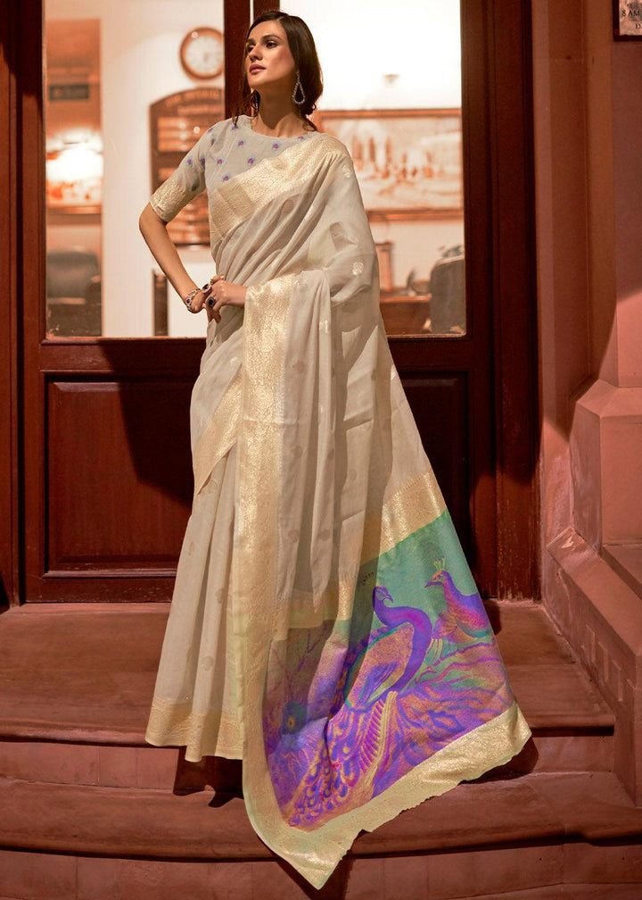 Ecru White Woven Chanderi Banarasi Fusion Silk Saree | Stitched Blouse - qivii