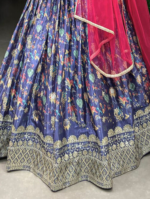 Chinon Digital Print With Embroidery Sequins Work Lehenga Choli In Lavender Color