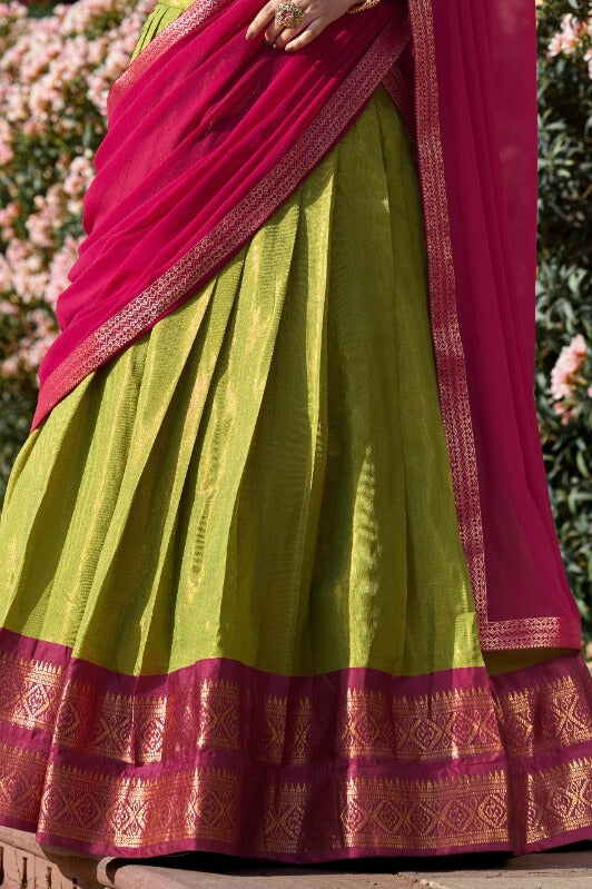 Elegant South Indian Kanchipuram silk lehenga choli in Pista Color with intricate temple border and matching dupatta