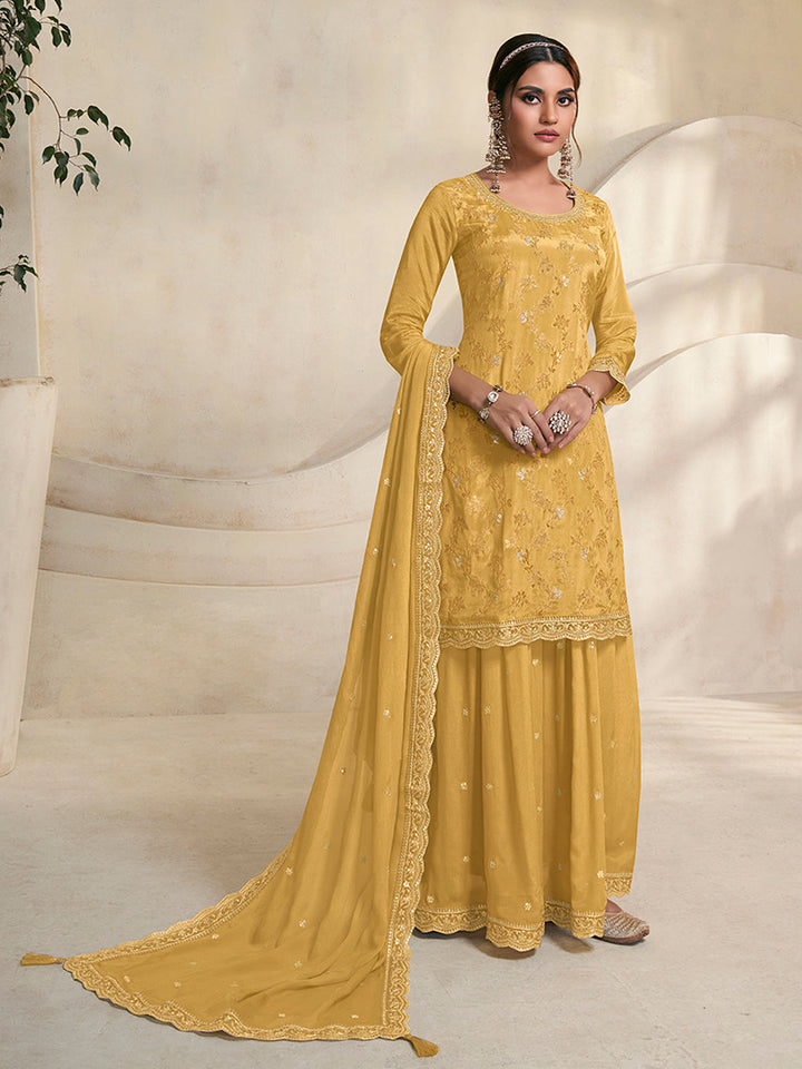 Yellow Jacquard Embroidered Sharara Suit Set by Qivii