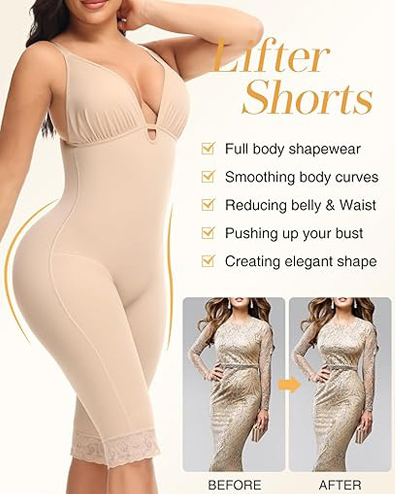 U Plunge Tummy Control Mid Thigh Bodysuit Seamless Full Body Fajas Shapewear  - By Qivii