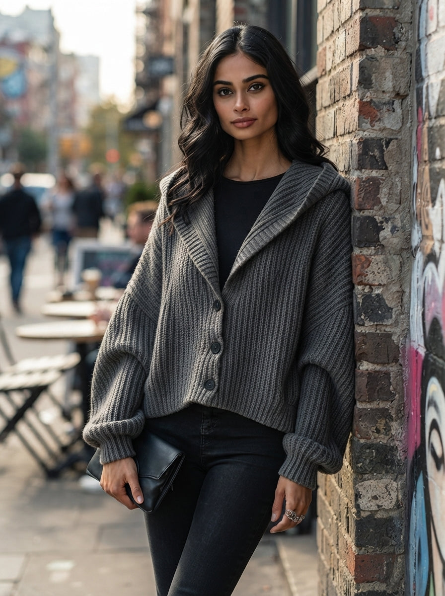 Women's Hooded Chunky-Ribbed Knit Cardigan MDZ0713I7ZRK