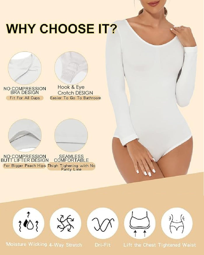 Seamless Crew Neck Long Sleeve Corset Bodysuit Tops Stretch Triangle Jumpsuit  - By Qivii