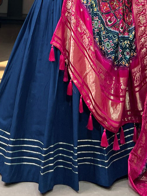 Pure Cotton Lehenga and the Lustrous Allure of Gaji Silk Dupatta in Navy Blue Color