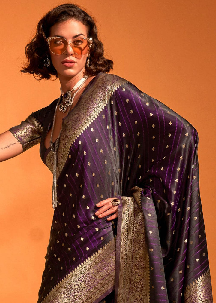 Eggplant Purple Handloom Woven Designer Satin Silk Saree - qivii