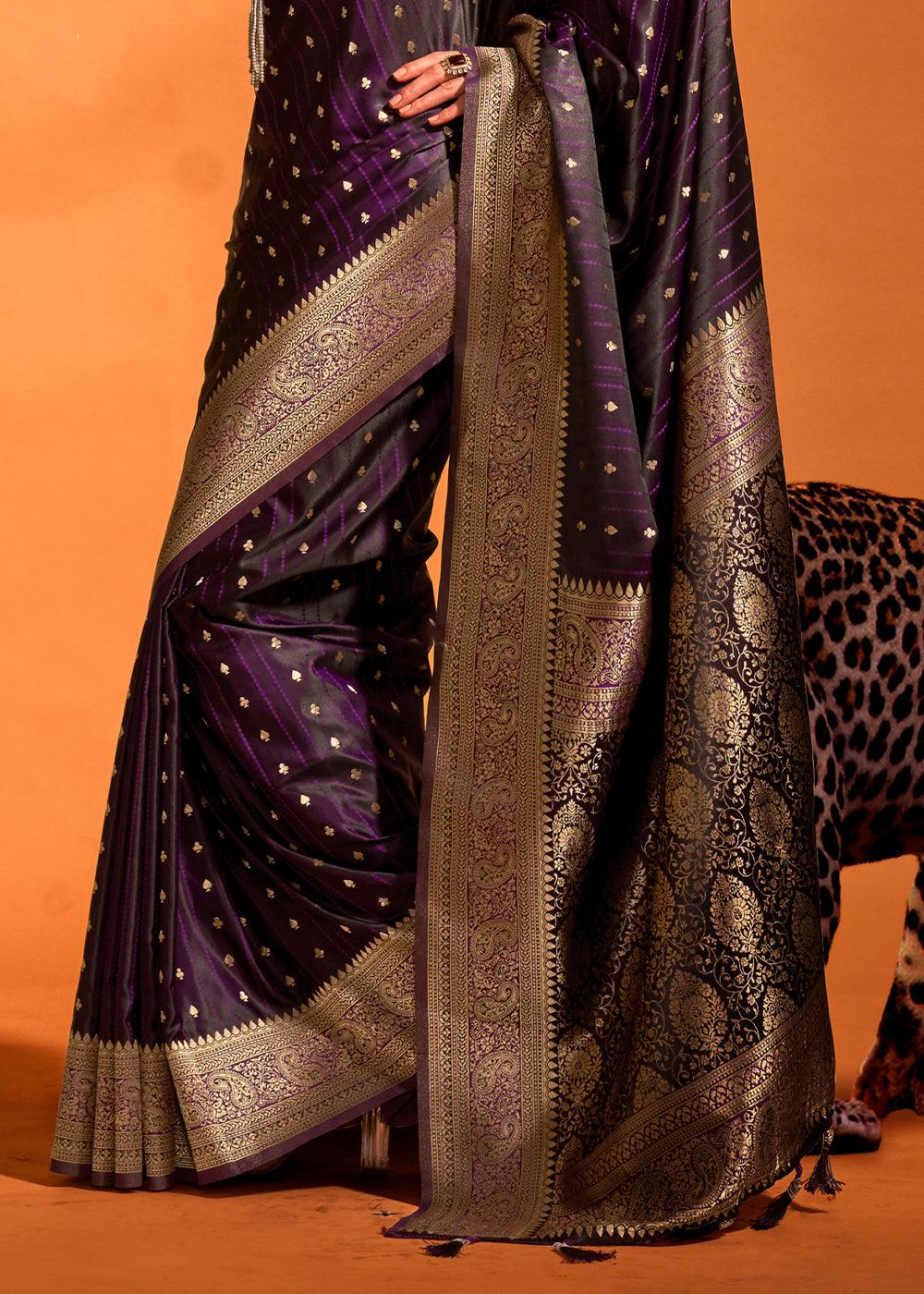 Eggplant Purple Handloom Woven Designer Satin Silk Saree - qivii