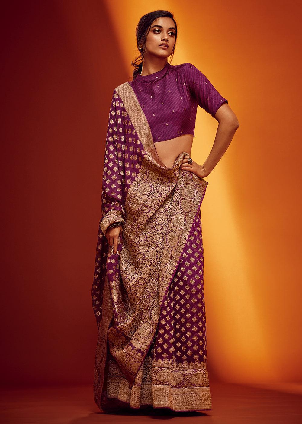 Eggplant Purple Woven Viscose Georgette Saree - qivii