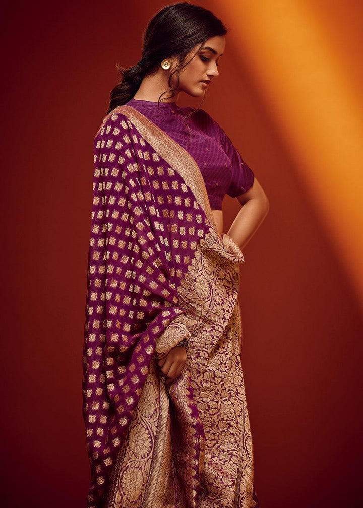 Eggplant Purple Woven Viscose Georgette Saree - qivii