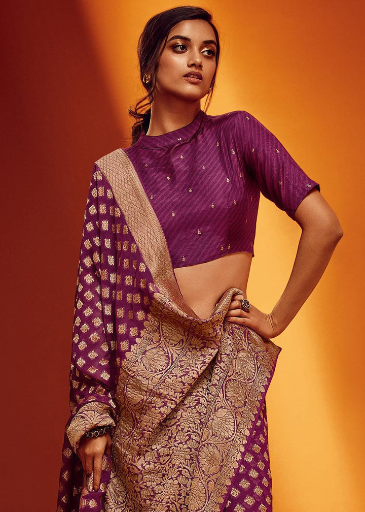 Eggplant Purple Woven Viscose Georgette Saree - qivii