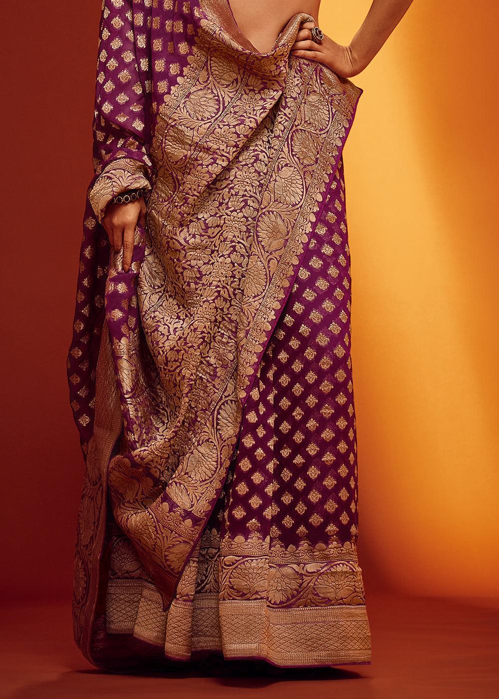 Eggplant Purple Woven Viscose Georgette Saree - qivii