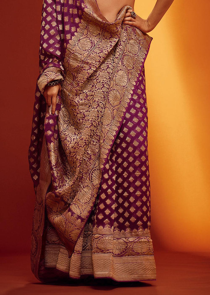 Eggplant Purple Woven Viscose Georgette Saree - qivii