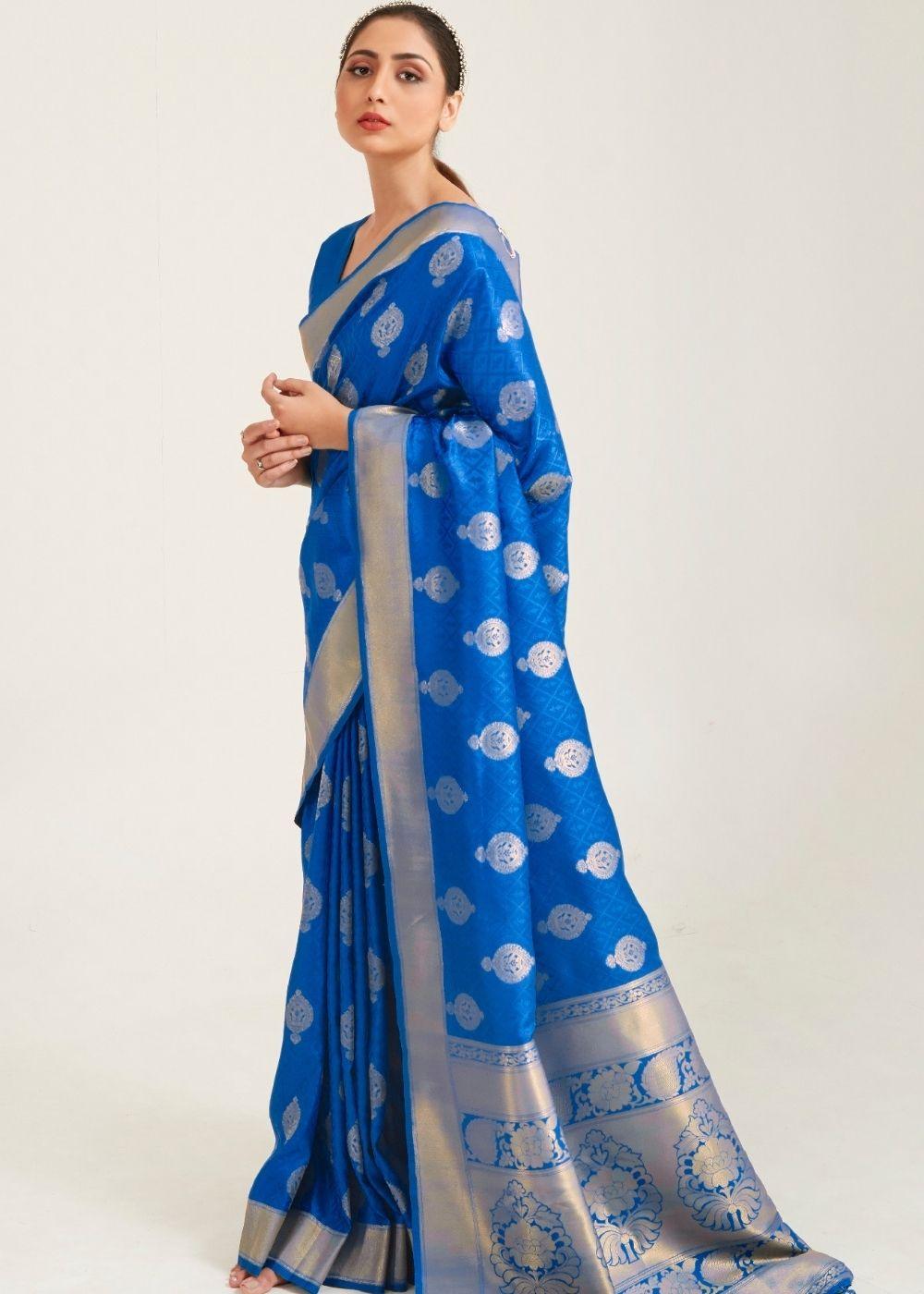 Egyptian Blue Zari Butta Woven Banasari Silk Saree | Stitched Blouse - qivii