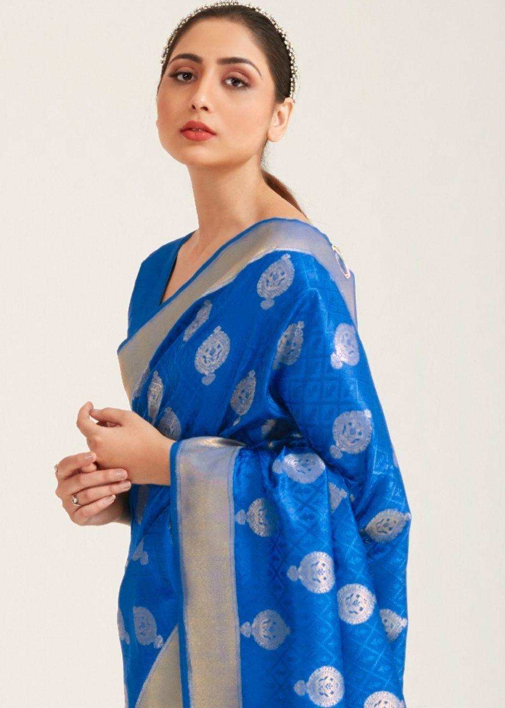 Egyptian Blue Zari Butta Woven Banasari Silk Saree | Stitched Blouse - qivii