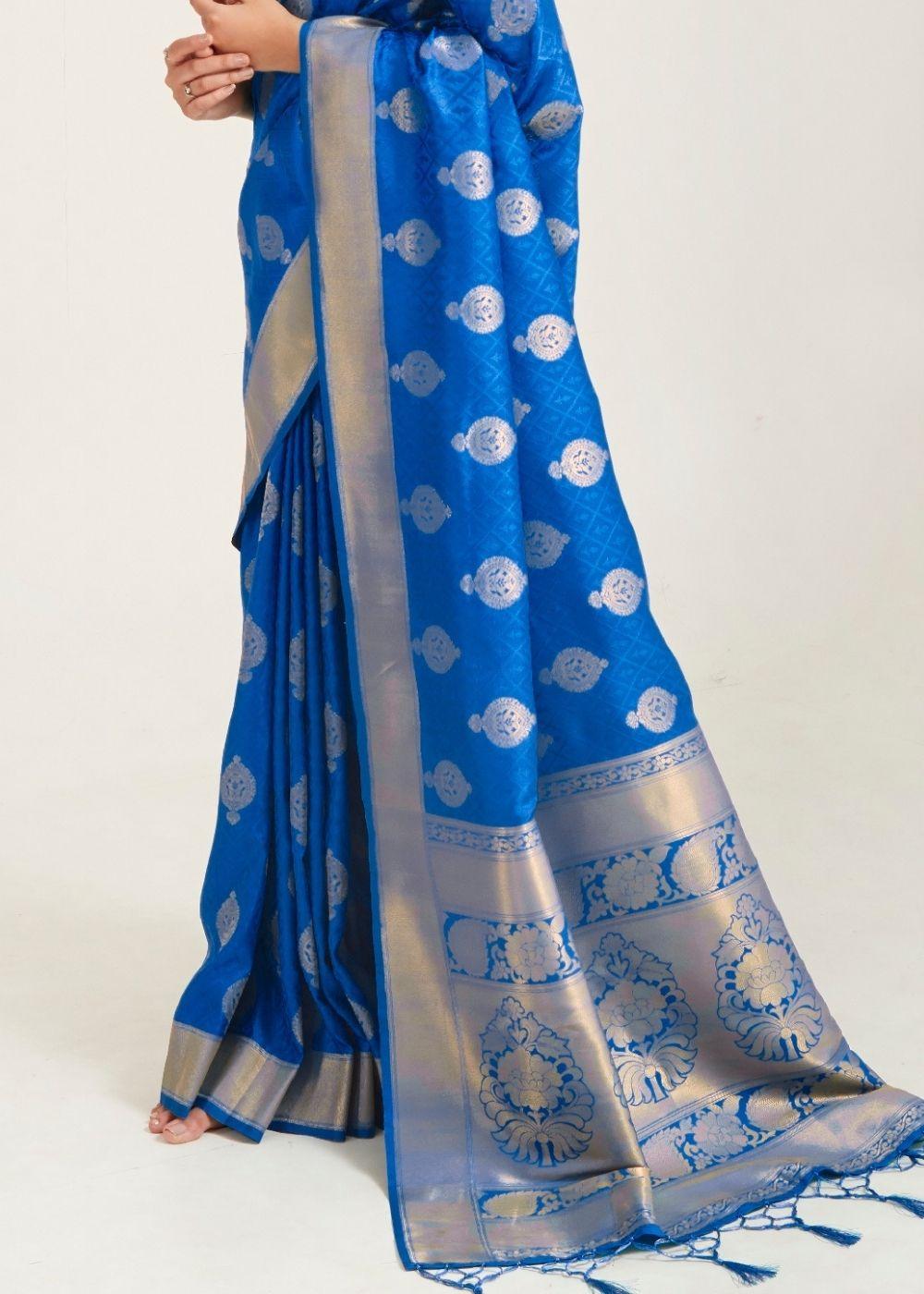 Egyptian Blue Zari Butta Woven Banasari Silk Saree | Stitched Blouse - qivii