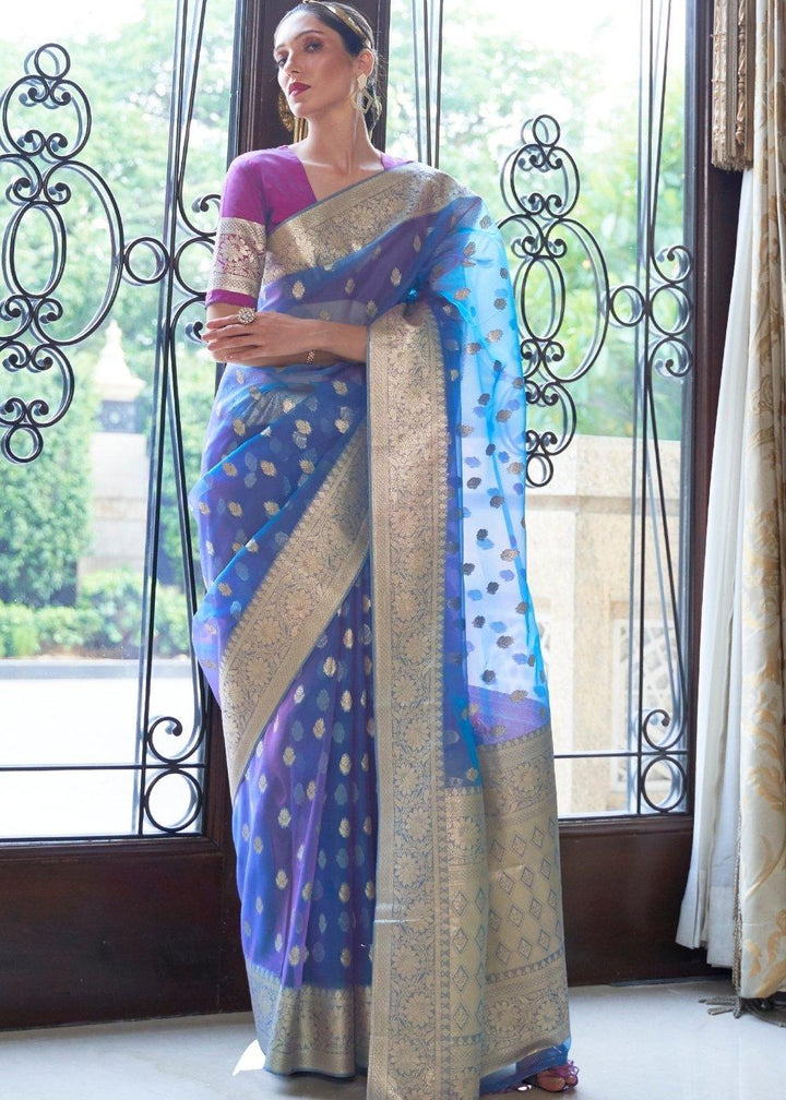 Egyptian Blue Zari Woven Organza Silk Saree | Stitched Blouse - qivii