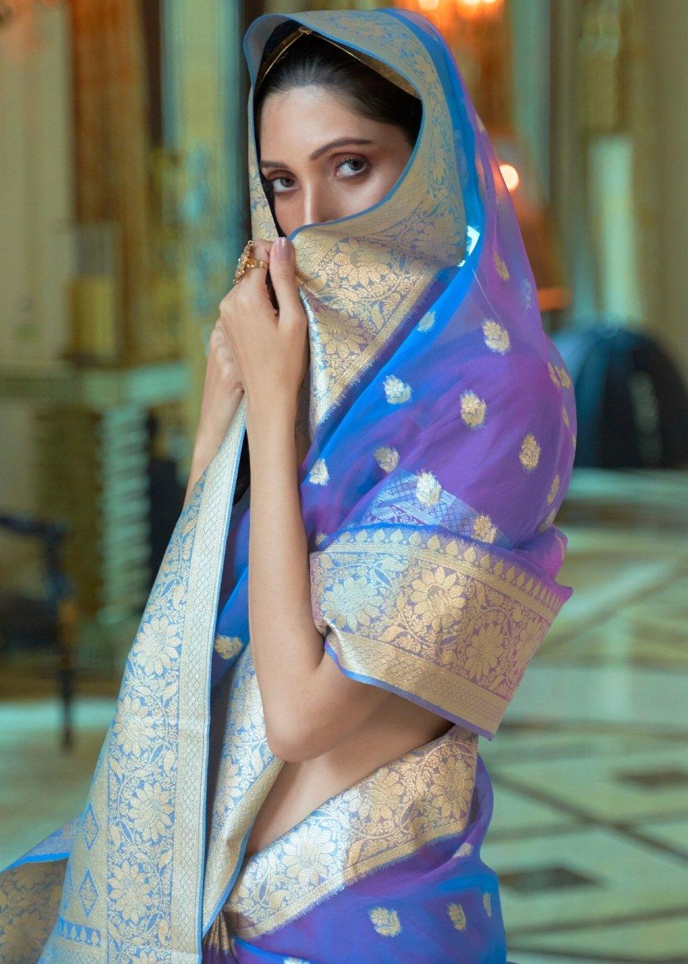 Egyptian Blue Zari Woven Organza Silk Saree | Stitched Blouse - qivii