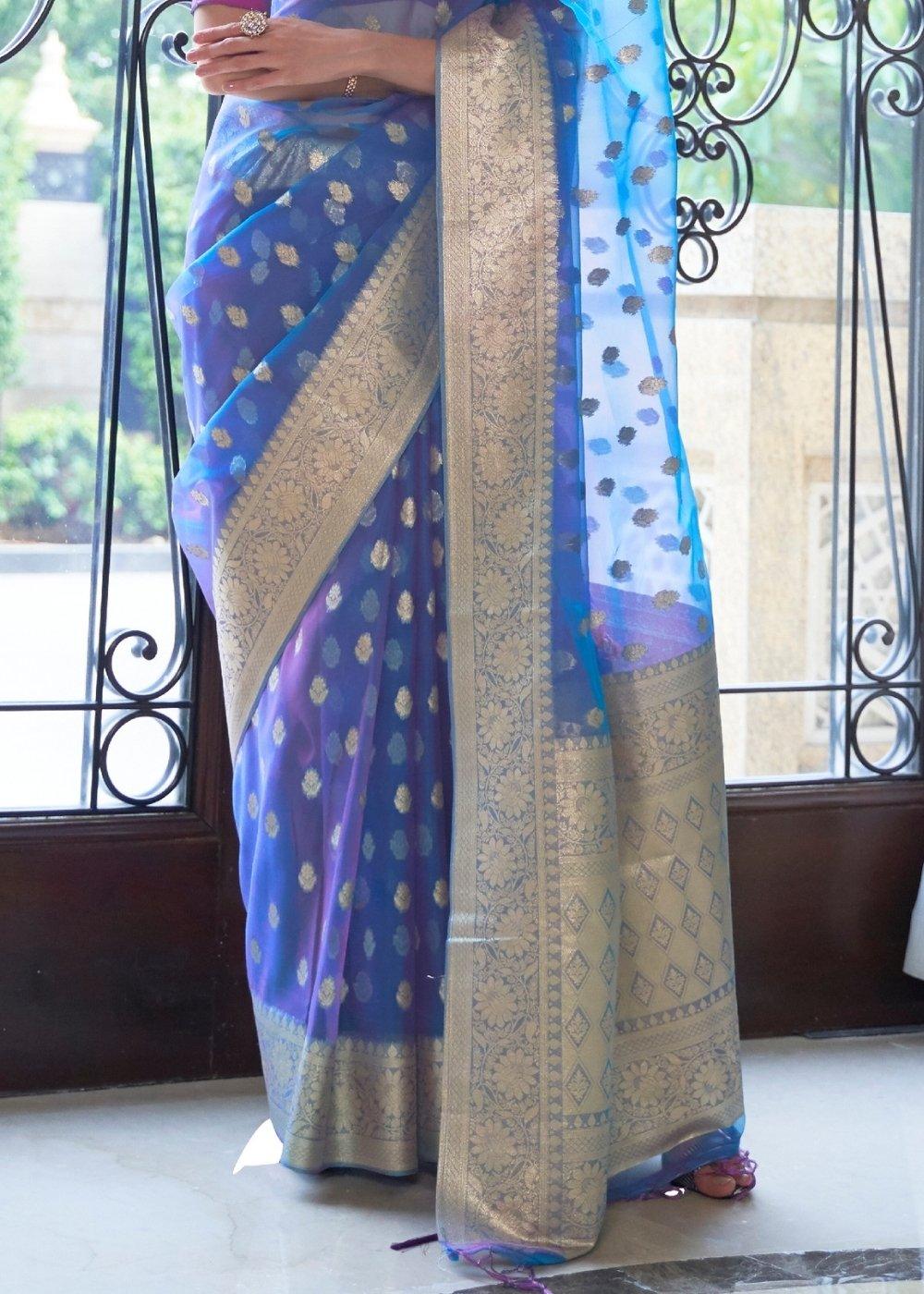 Egyptian Blue Zari Woven Organza Silk Saree | Stitched Blouse - qivii