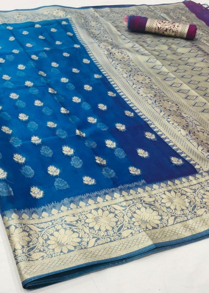 Egyptian Blue Zari Woven Organza Silk Saree | Stitched Blouse - qivii