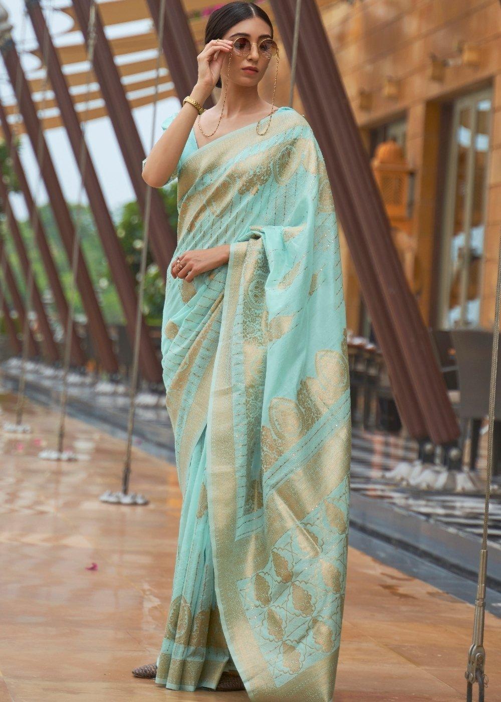 Electric Blue Zari Woven Silk Saree with Sequins work | Stitched Blouse - qivii