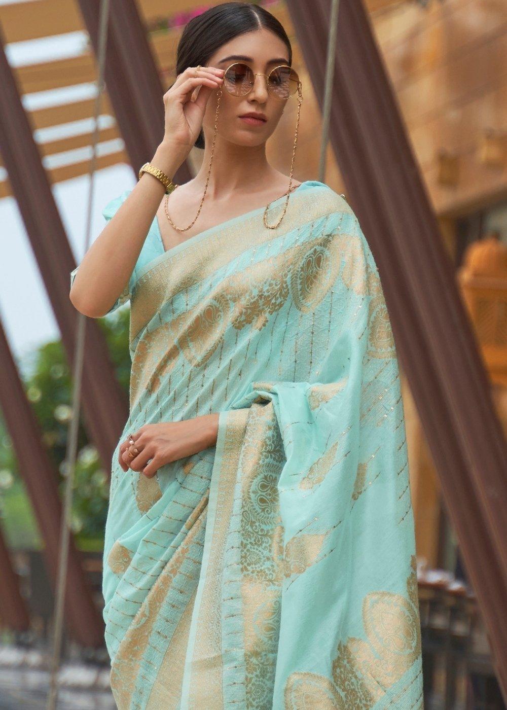 Electric Blue Zari Woven Silk Saree with Sequins work | Stitched Blouse - qivii