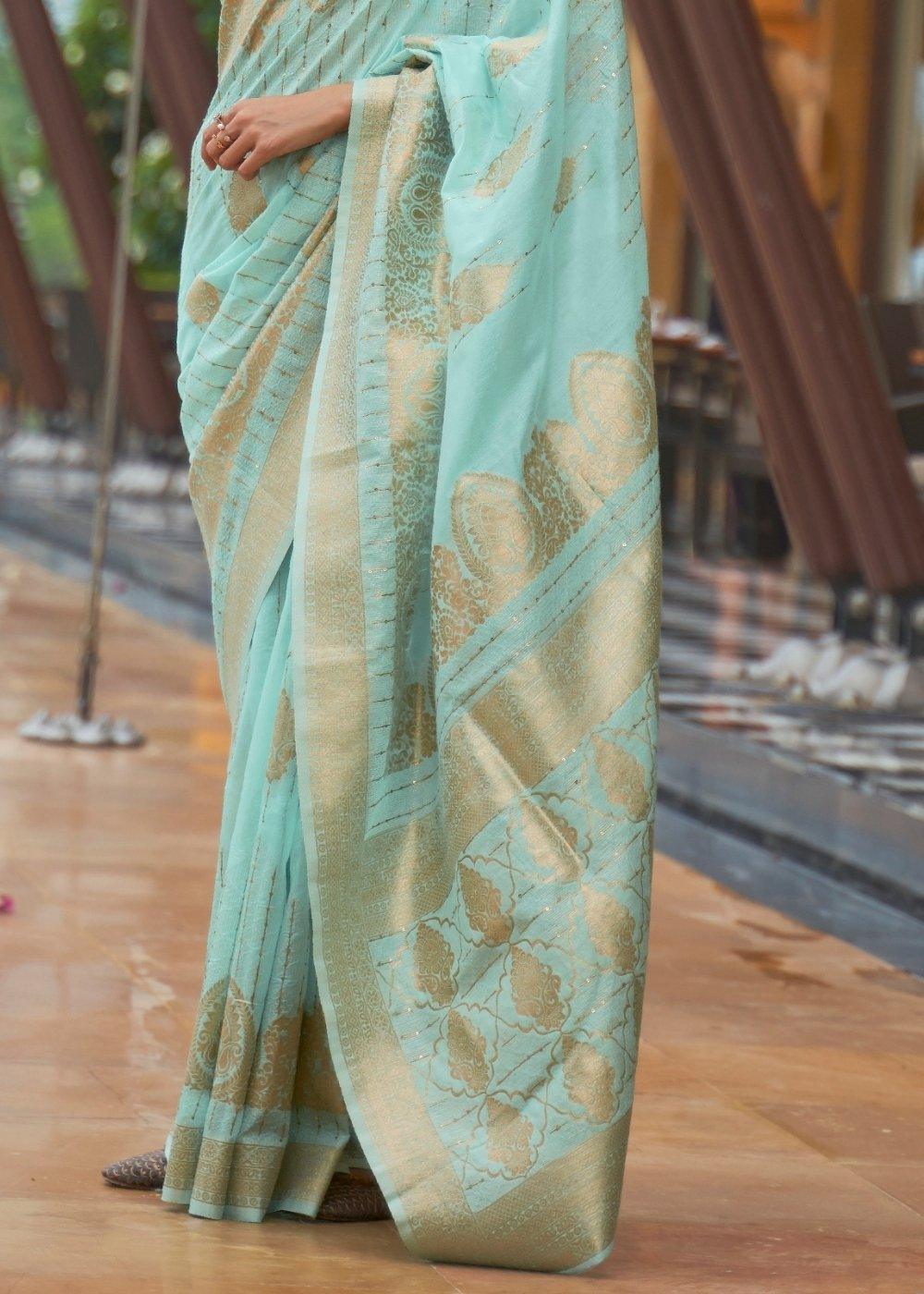 Electric Blue Zari Woven Silk Saree with Sequins work | Stitched Blouse - qivii