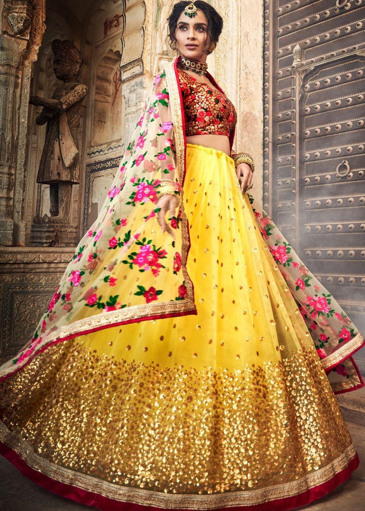 Electric Yellow Soft Net Lehenga Choli with Sequins,Thread & Zari work - qivii