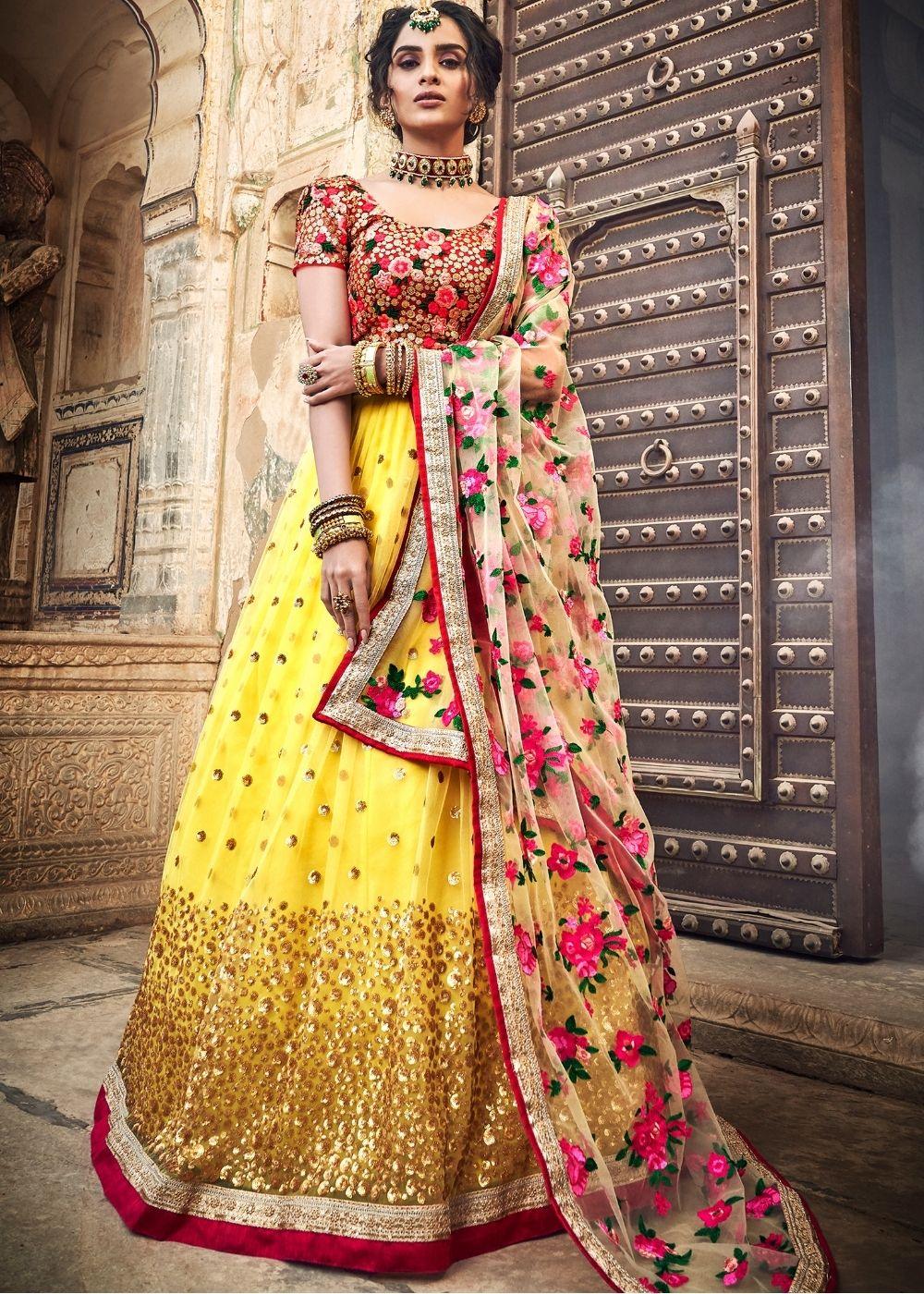 Electric Yellow Soft Net Lehenga Choli with Sequins,Thread & Zari work - qivii