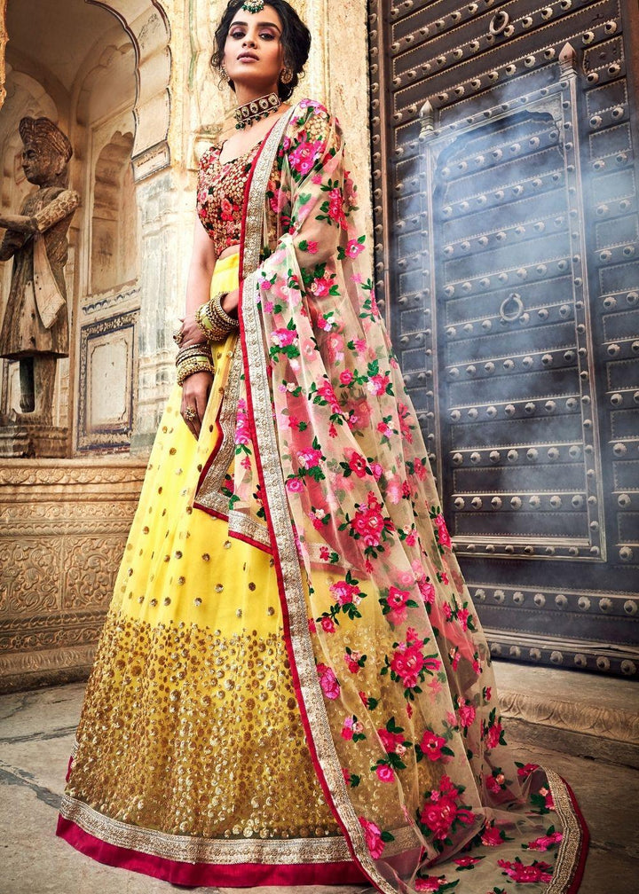 Electric Yellow Soft Net Lehenga Choli with Sequins,Thread & Zari work - qivii