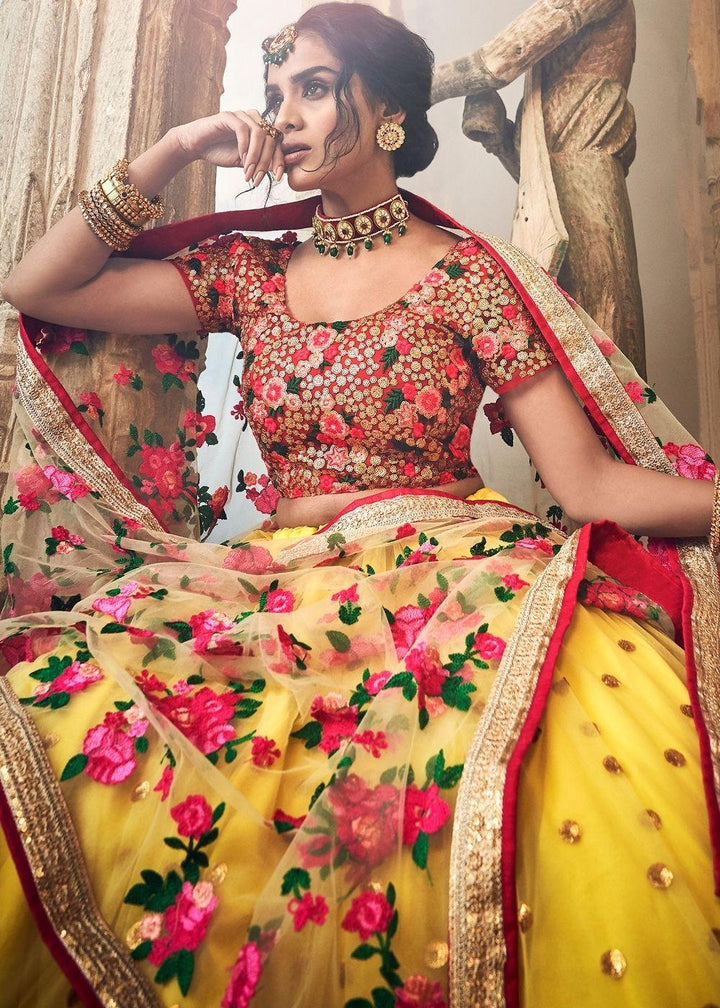 Electric Yellow Soft Net Lehenga Choli with Sequins,Thread & Zari work - qivii