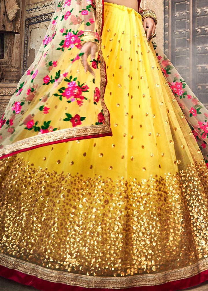 Electric Yellow Soft Net Lehenga Choli with Sequins,Thread & Zari work - qivii