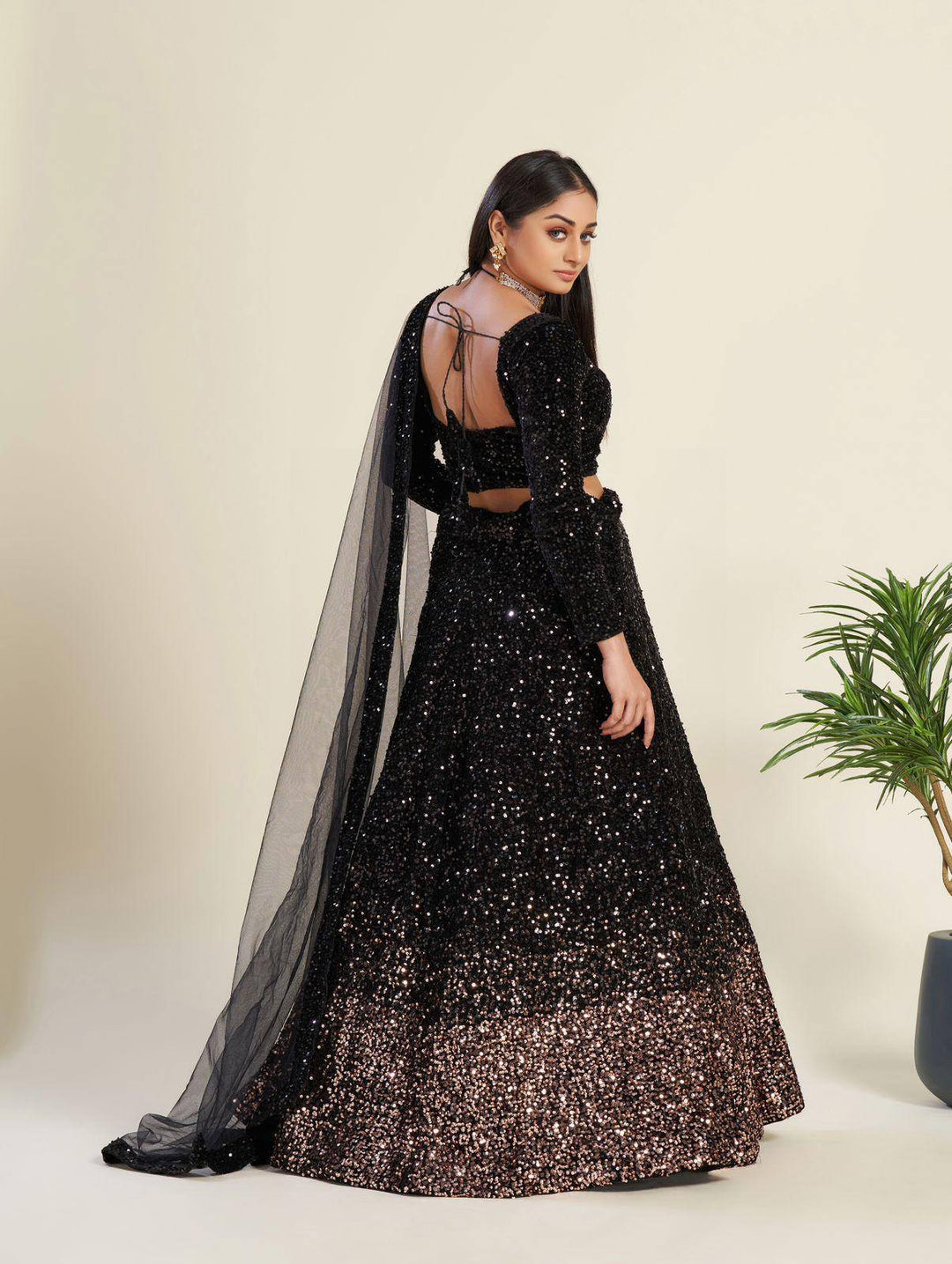 Elegant Black Velvet Lehenga: Dazzling Sequins Work All Over | Ready to wear - qivii