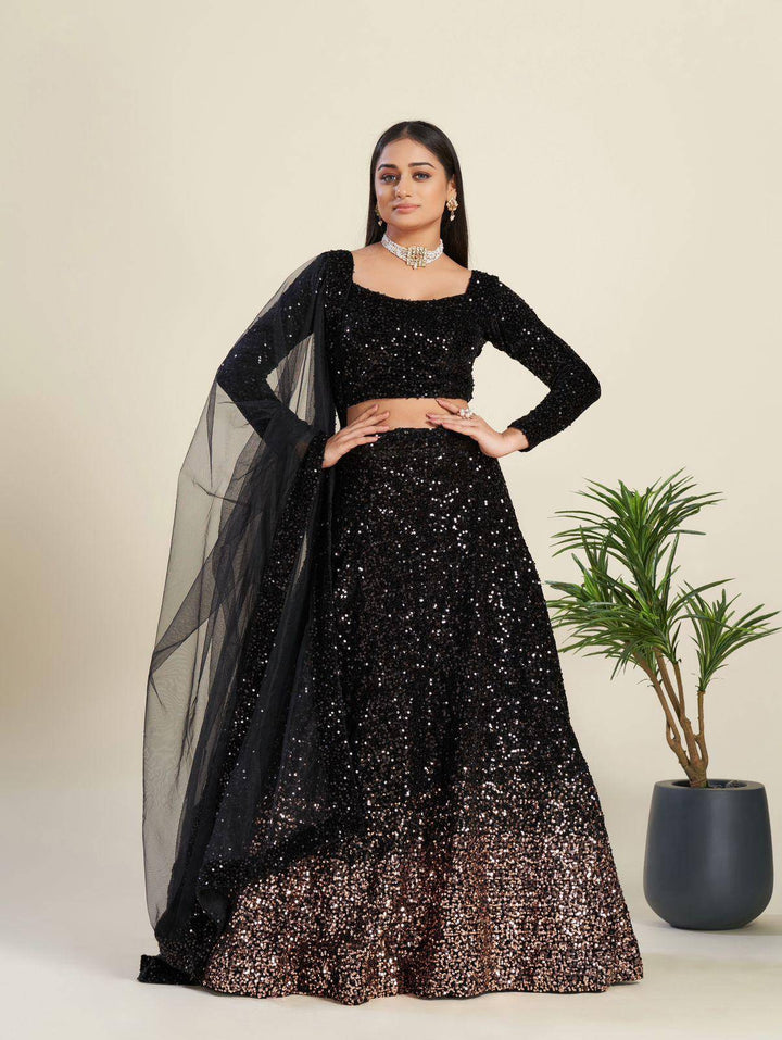 Elegant Black Velvet Lehenga: Dazzling Sequins Work All Over | Ready to wear - qivii