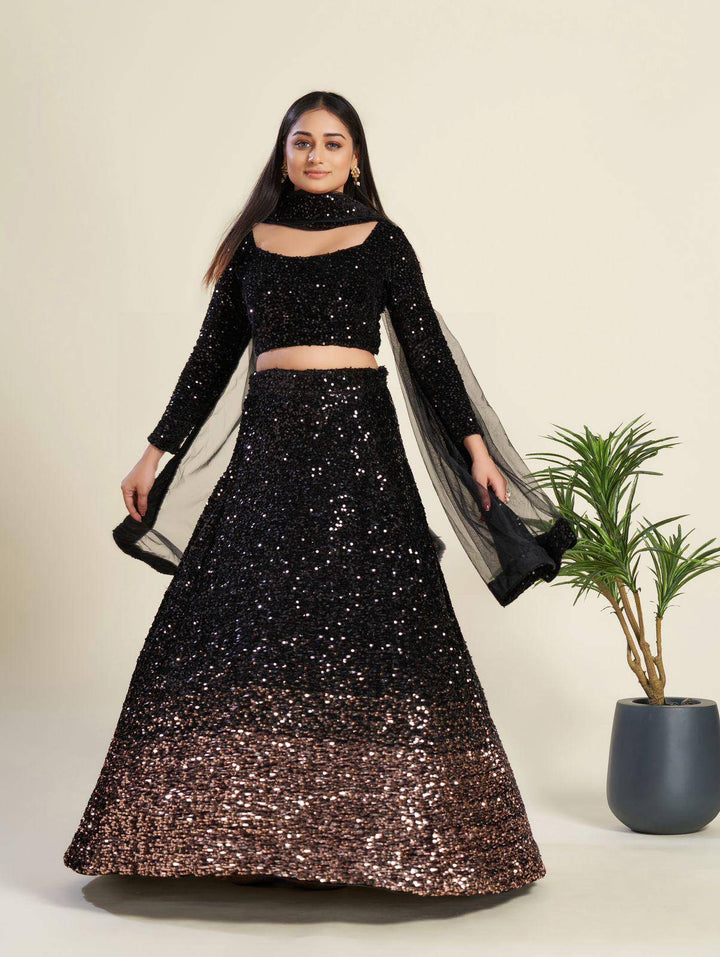 Elegant Black Velvet Lehenga: Dazzling Sequins Work All Over | Ready to wear - qivii