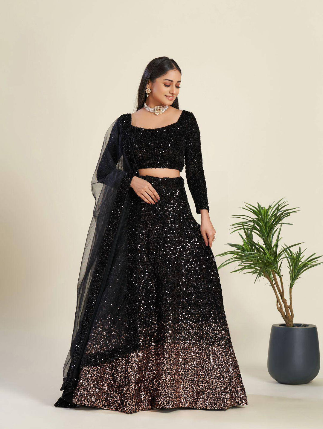 Elegant Black Velvet Lehenga: Dazzling Sequins Work All Over | Ready to wear - qivii