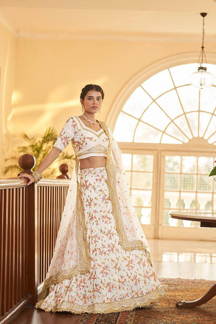 Elegant White Chinon Silk Lehenga Choli: Multifaceted Elegance with Thread, Sequins & Zari Artistry | Ready to wear - qivii