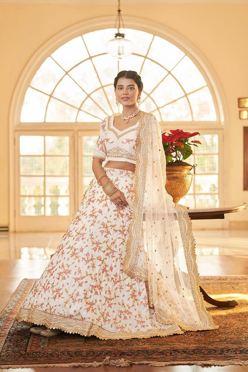 Elegant White Chinon Silk Lehenga Choli: Multifaceted Elegance with Thread, Sequins & Zari Artistry | Ready to wear - qivii