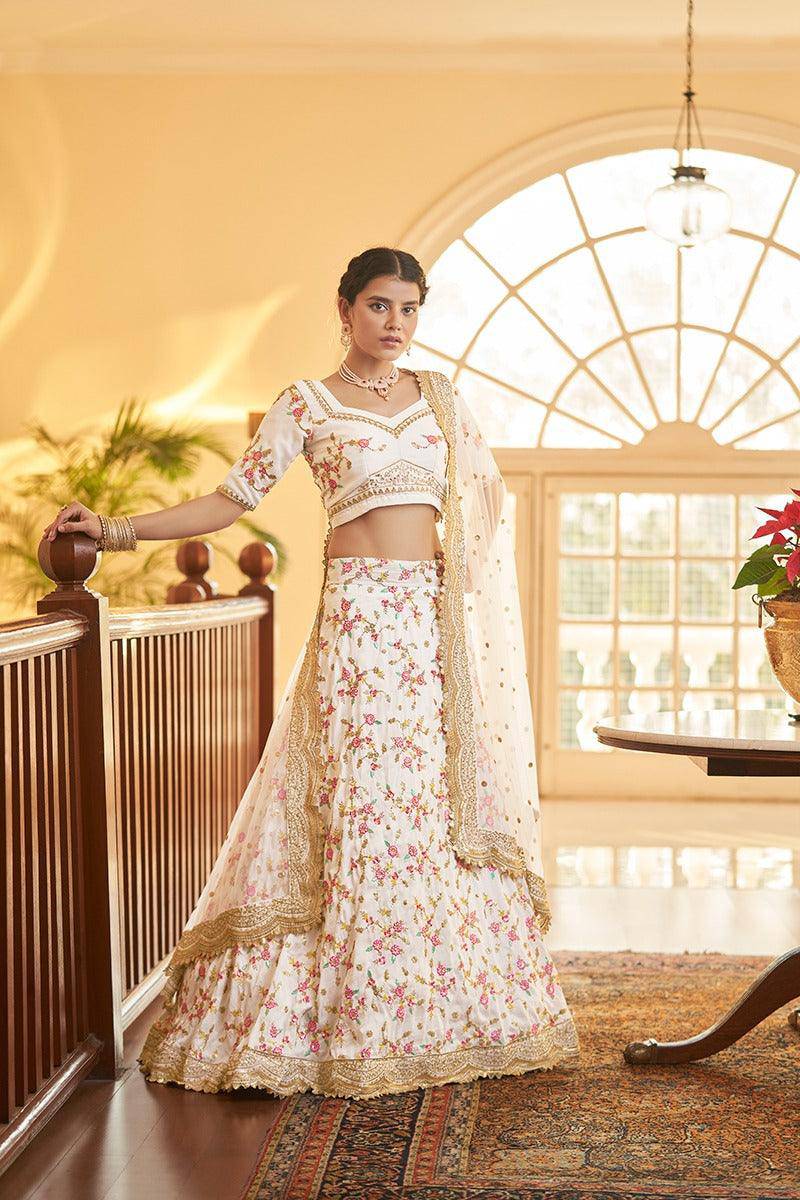 Elegant White Chinon Silk Lehenga Choli: Multifaceted Elegance with Thread, Sequins & Zari Artistry | Ready to wear - qivii