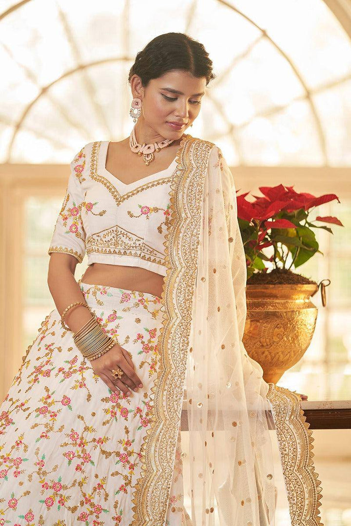 Elegant White Chinon Silk Lehenga Choli: Multifaceted Elegance with Thread, Sequins & Zari Artistry | Ready to wear - qivii