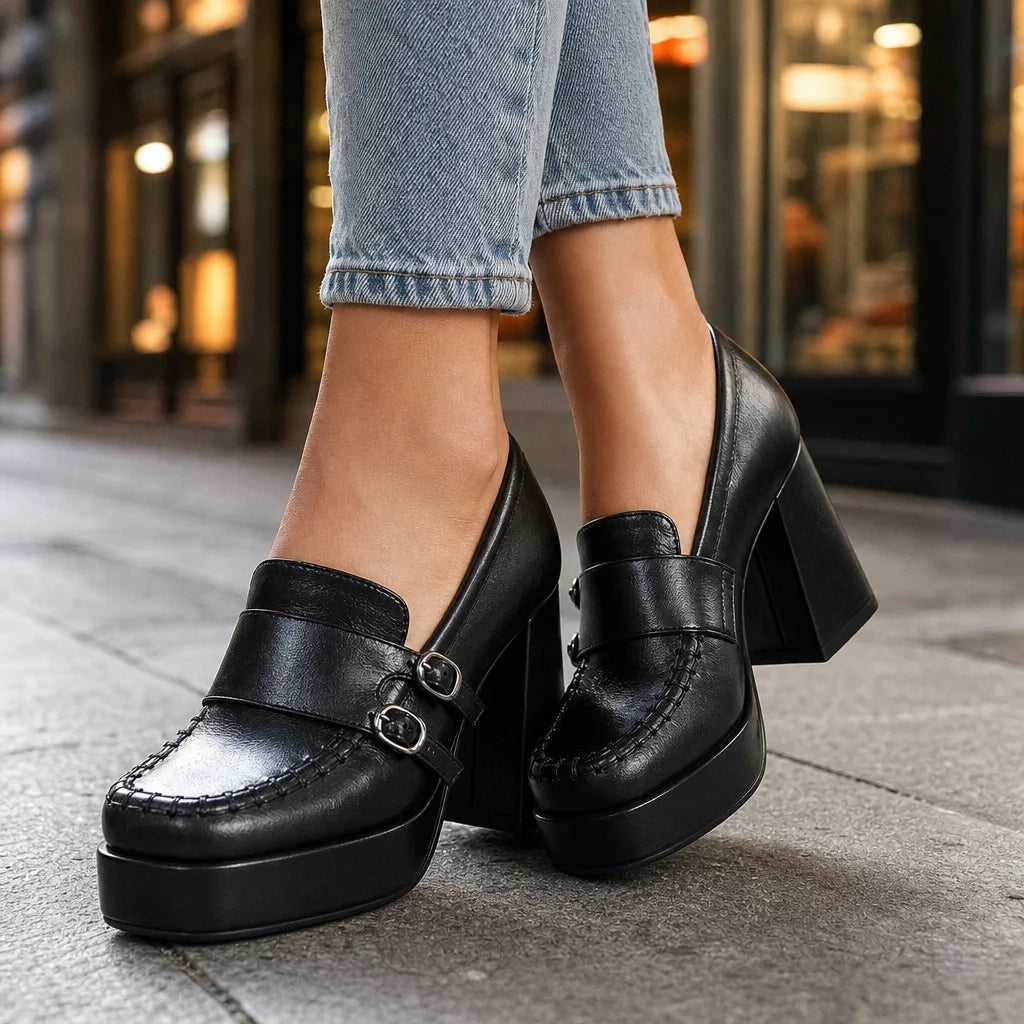 Black women's orthopedic Mary Jane heels by Hudson Ridge, featuring supportive design and classic style for comfortable wear.