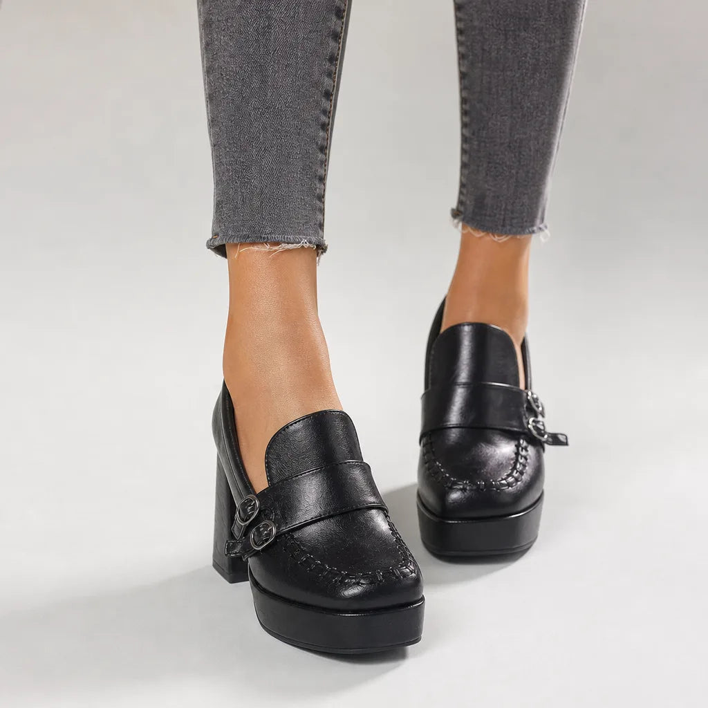 Black Elsa women's orthopedic Mary Jane heels by Hudson Ridge, featuring supportive design and classic style for comfortable wear.